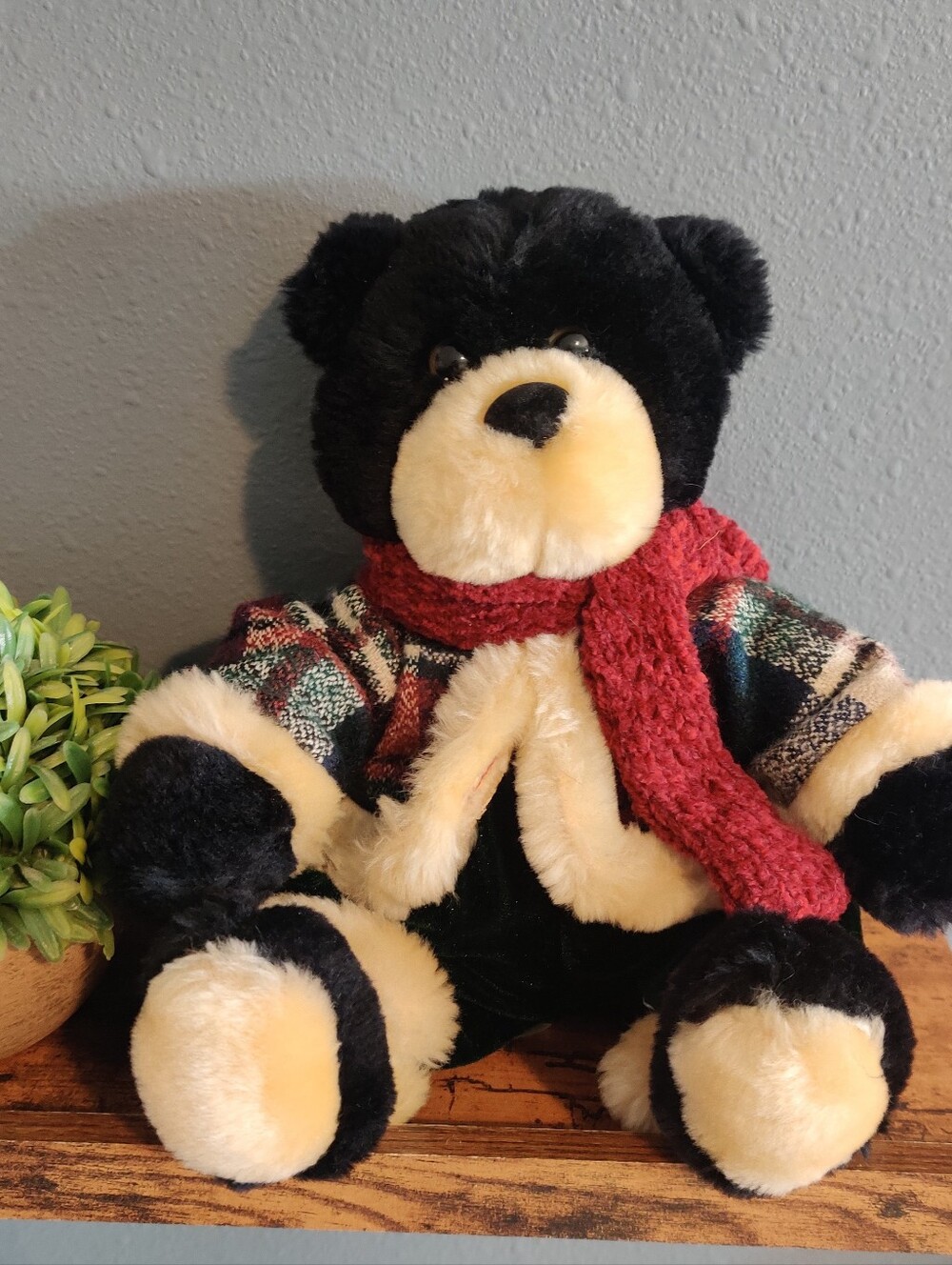 Dan Dee Collectors Black Bear Plush Holiday Red Scarf Plaid Coat Teddy Stuffed